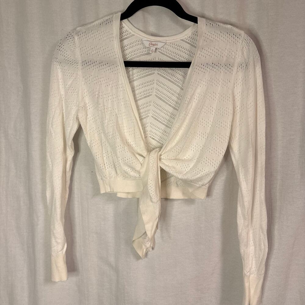 Candie's White Tie Front Pointelle Cropped Cardigan Large Y2K Boho